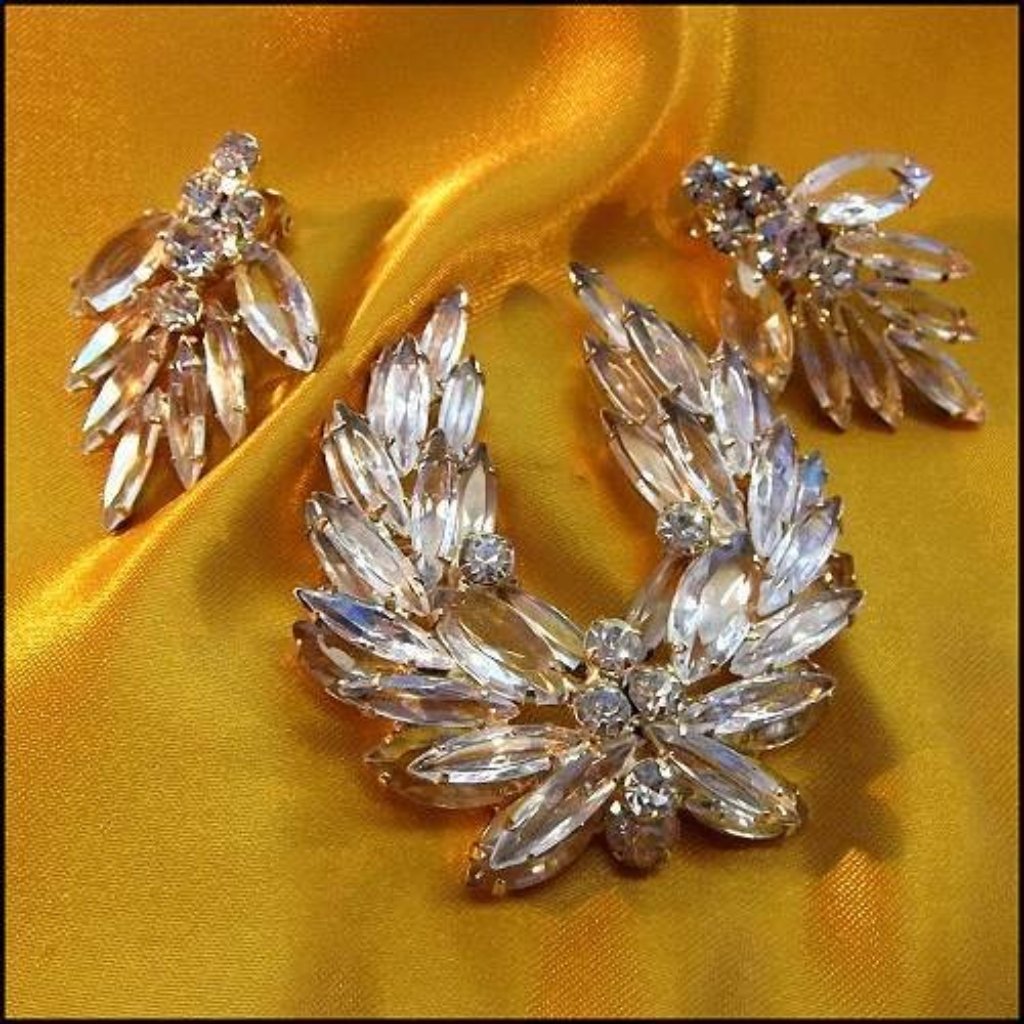 1950s Juliana Big Clear Crystal Wreath Brooch W Earrings Delizza Elster Set 1508